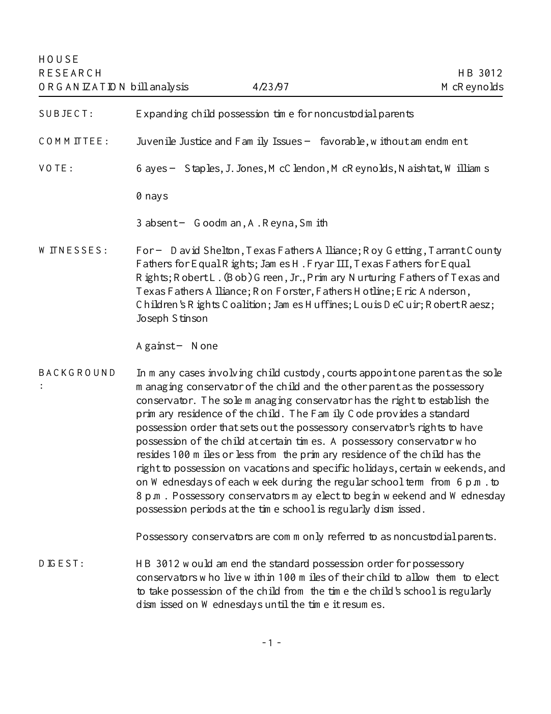First page of the April 23, 1997 House Research Organization analysis of HB 3012, including its list of witnesses for the bill.
